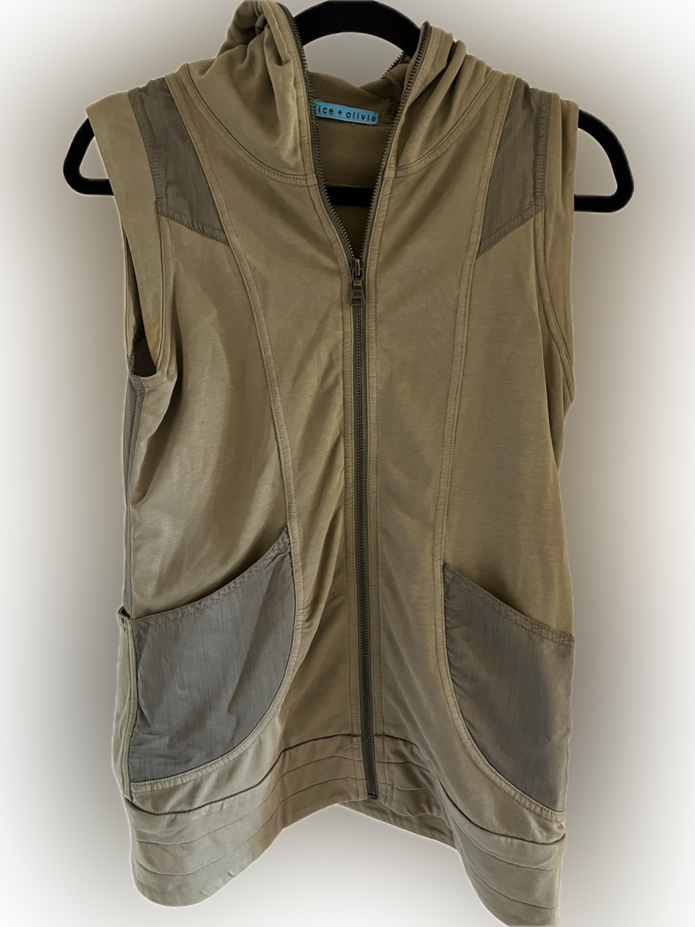 Alice + Olivia Olive Green Sleeveless Zip Hoodie Vest